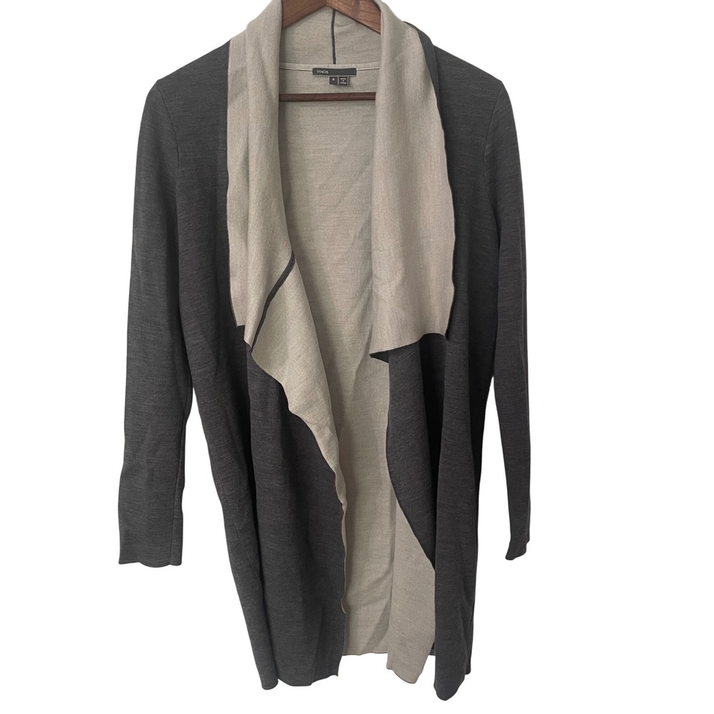 Vince Womens Merino Wool Draped Open Front Cardigan Gray Beige S Classic Capsule